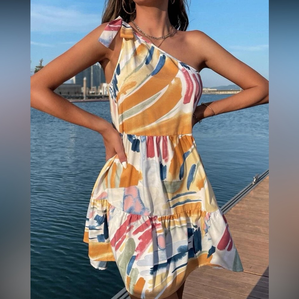 Boho one shoulder watercolor print ruffle hem dress - Picture 2 of 7